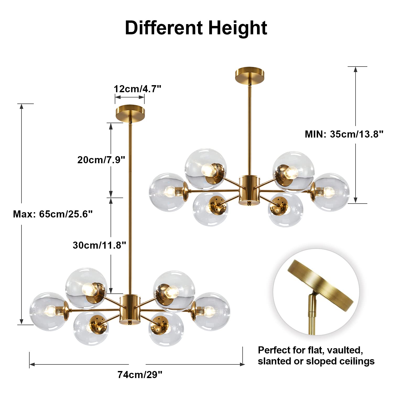 KCO Lighting Modern 6-Light Sputnik Chandelier, Brass, Clear Glass Globe, Adjustable Pendant Light, Model L1085-C-6, Gold+Clear