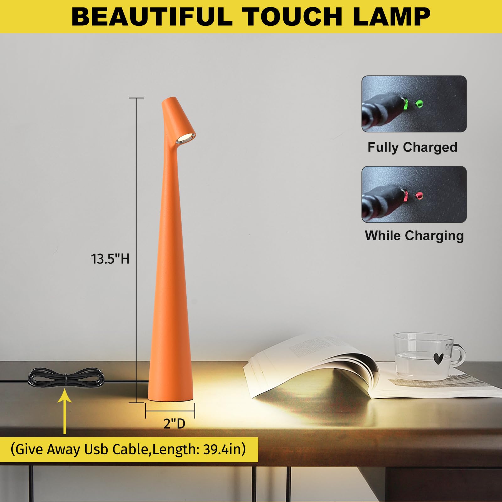 Hebangya Cordless Table Lamp, 3 Levels Brightness, Rechargeable, Aluminum, 1 Pack, Orange