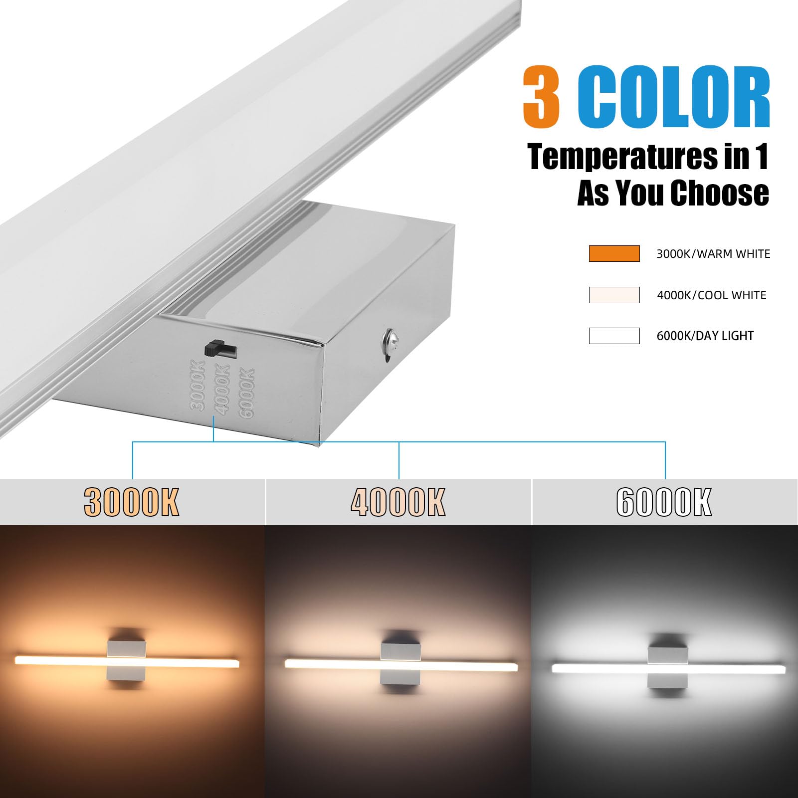Amansour LED Bathroom Vanity Light 16in, Adjustable 3 Color Temperature, Chrome Finish, Model 31001