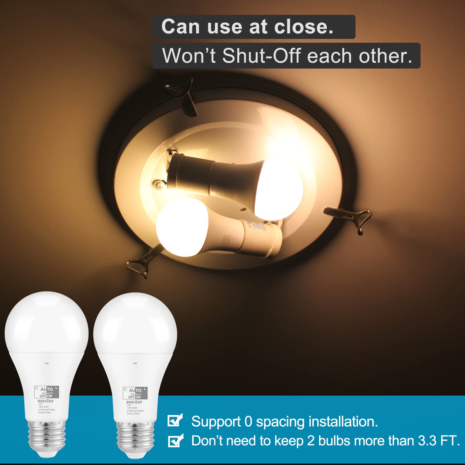 Qualilux Dusk To Dawn Light Bulbs 850Lm, 60W Equivalent, Soft White, Led 9.5W, A19, E26 Base, 4-Pack, Hq-H016