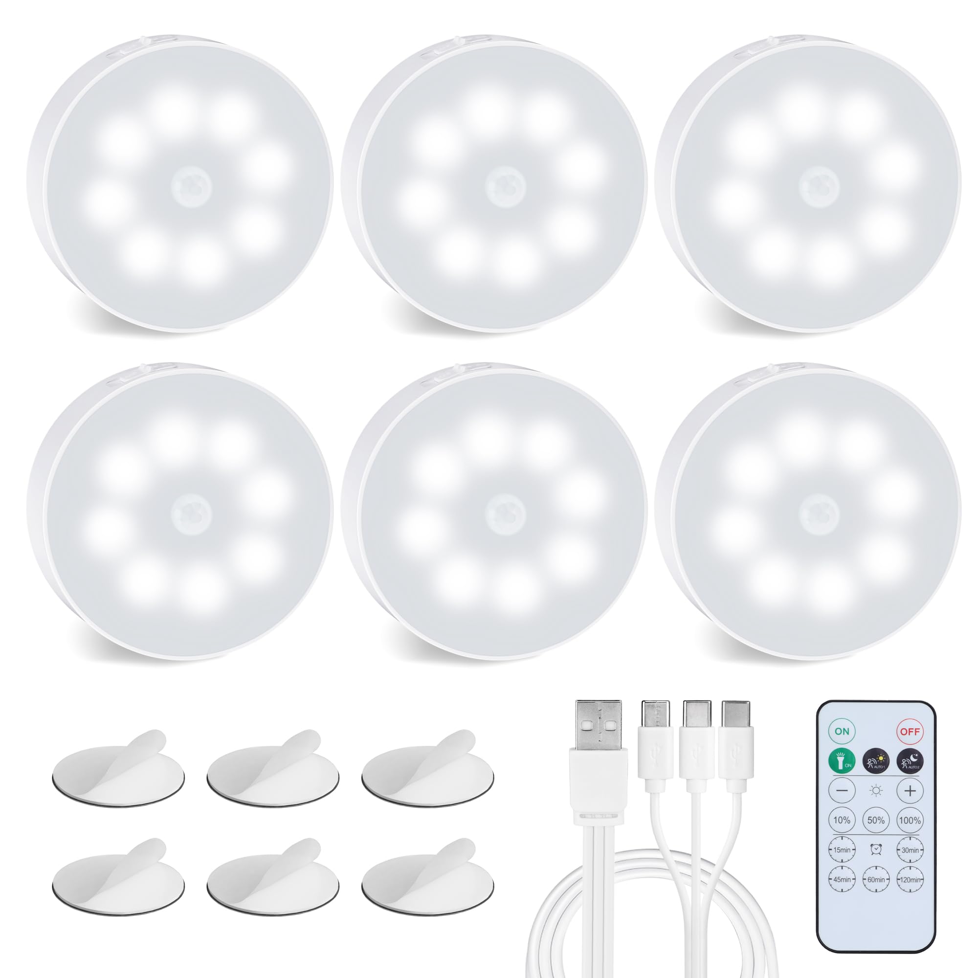 EverBrite 6 Pack Puck Lights with Remote, Wireless Closet and Under Cabinet Lights, Rechargeable Motion Sensor, Dimmable, Timabl