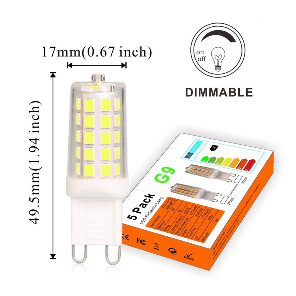 Baoming G9 Led Bulb Daylight Dimmable 4W, 40W T4 G9 Halogen Equivalent,6000K 120V No-Flicker, Chandelier Lighting 450Lm (5 Pack)