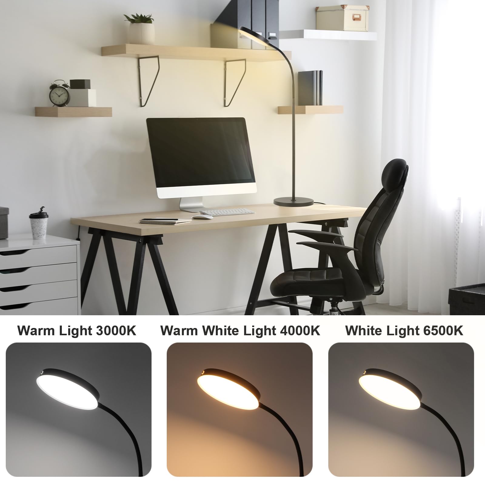 LALISU LED Floor Lamp - Adjustable Brightness & Color Temperatures, Black, Model LALISULEDFL08, Touch Control Gooseneck Design