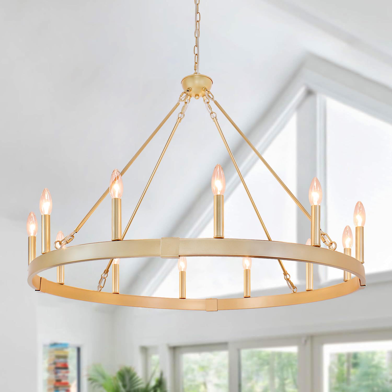 Rviezza Gold Wagon Wheel Chandelier 37.4 inch, 12-Light Large Round Industrial Gold Farmhouse Chandeliers for High Ceilings Dini