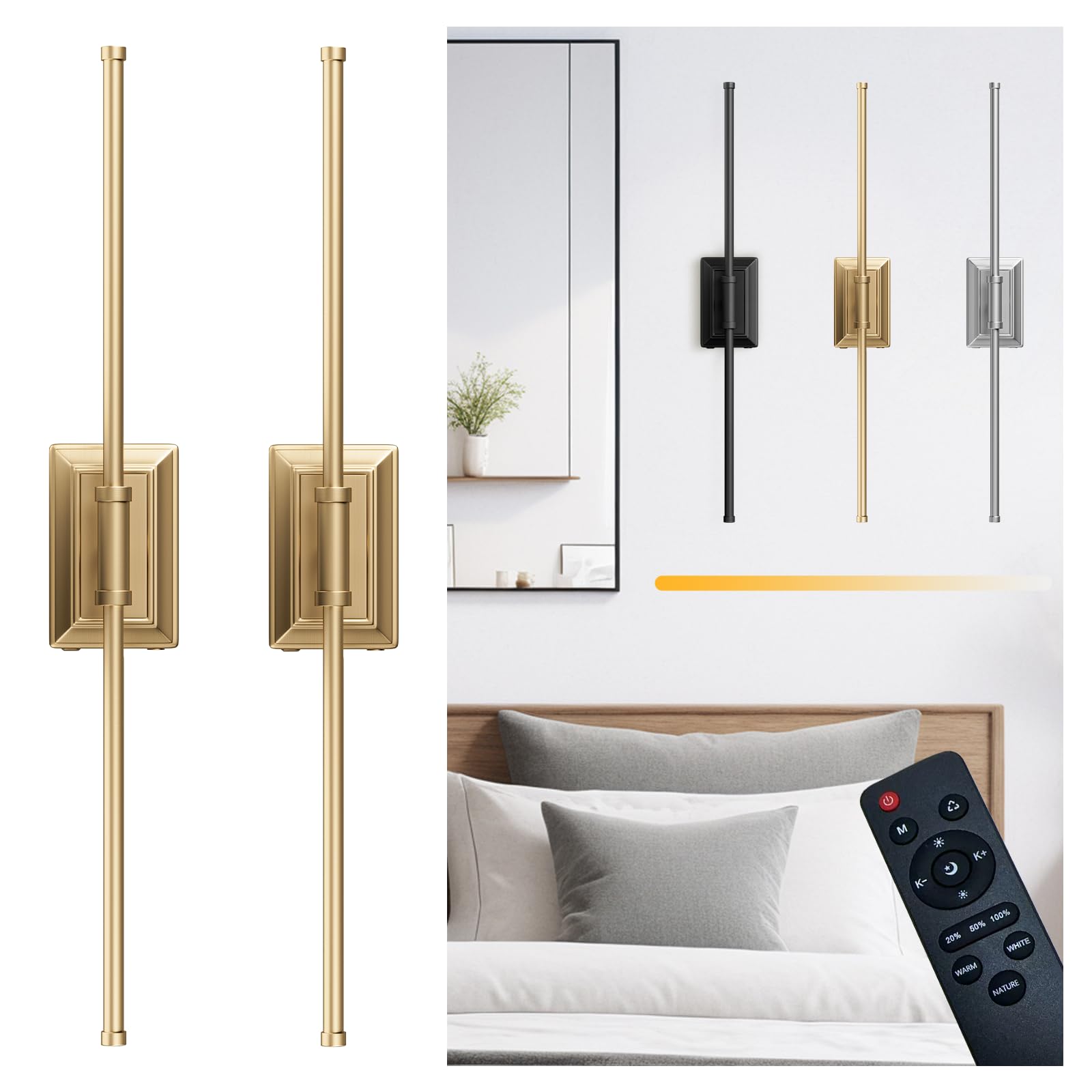 Battery Operated Wall Light Set of 2 - Gold Picture Wireless Led Plug In Walls Sconce Fixture Indoor - Art Decor Bathroom Sconce