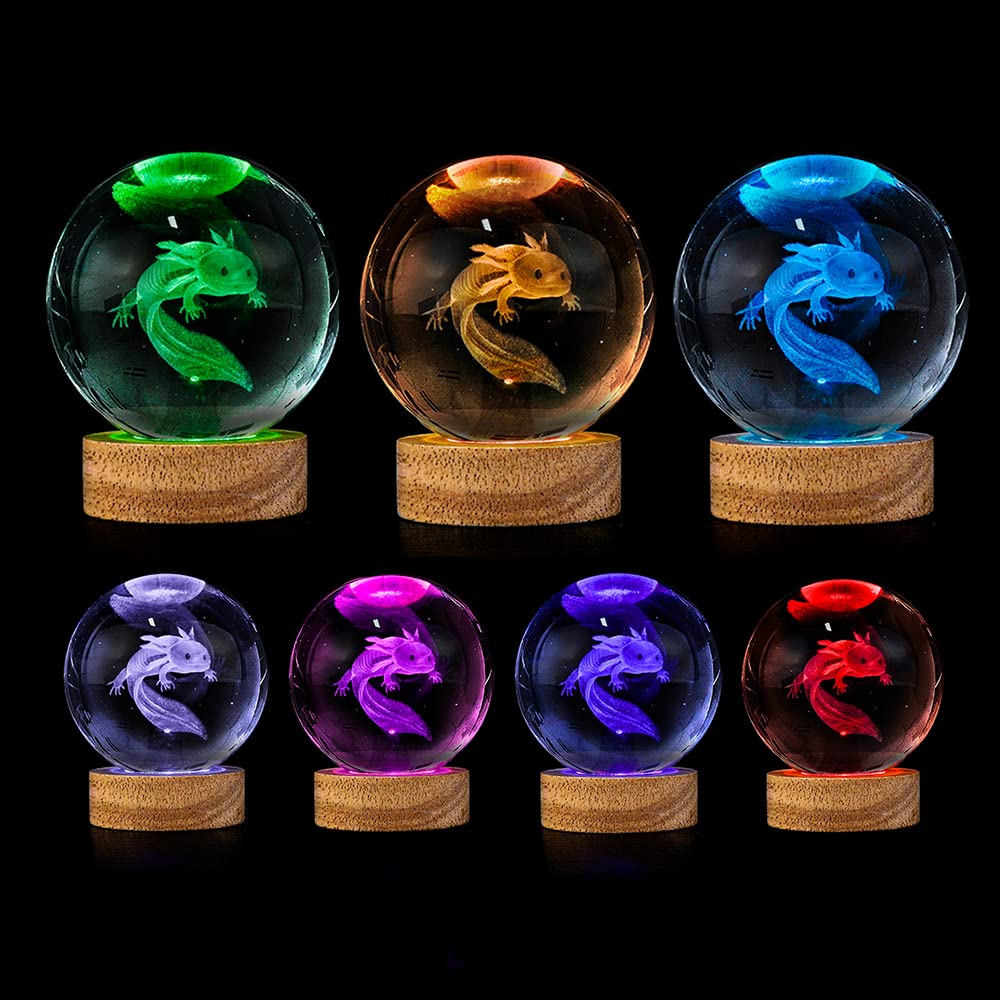 Yylzephb 3D Axolotl Crystal Ball Night Light With 16 Color Led Wooden Base, Upgraded 3.15 Inch Axolotl Glass Ball Lamp With Remo