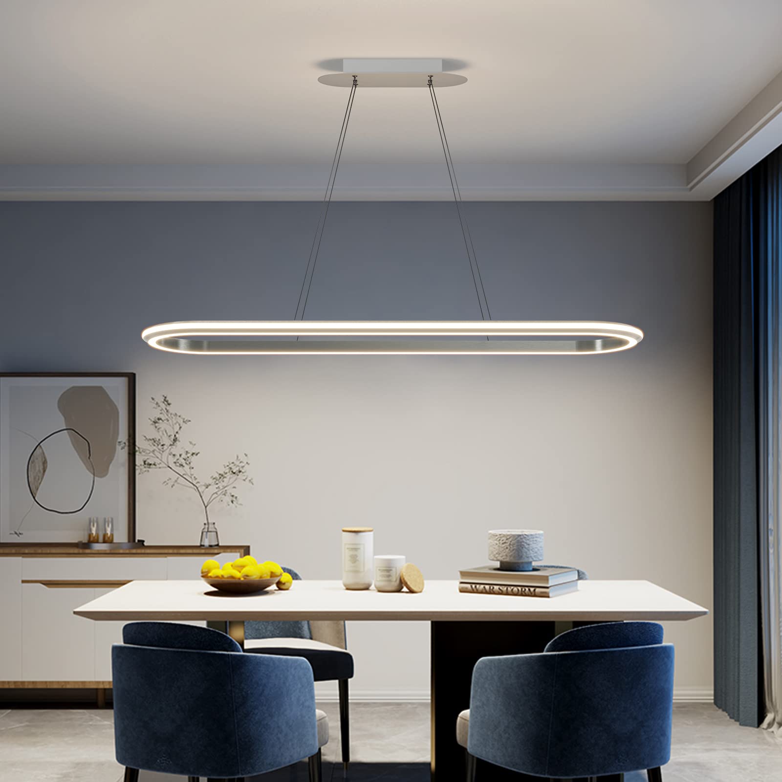Matven Linear Pendant Light Fixture, Dimmable LED Chandelier, 3000K-6000K, 43.3in, Acrylic, Silver, Modern Design
