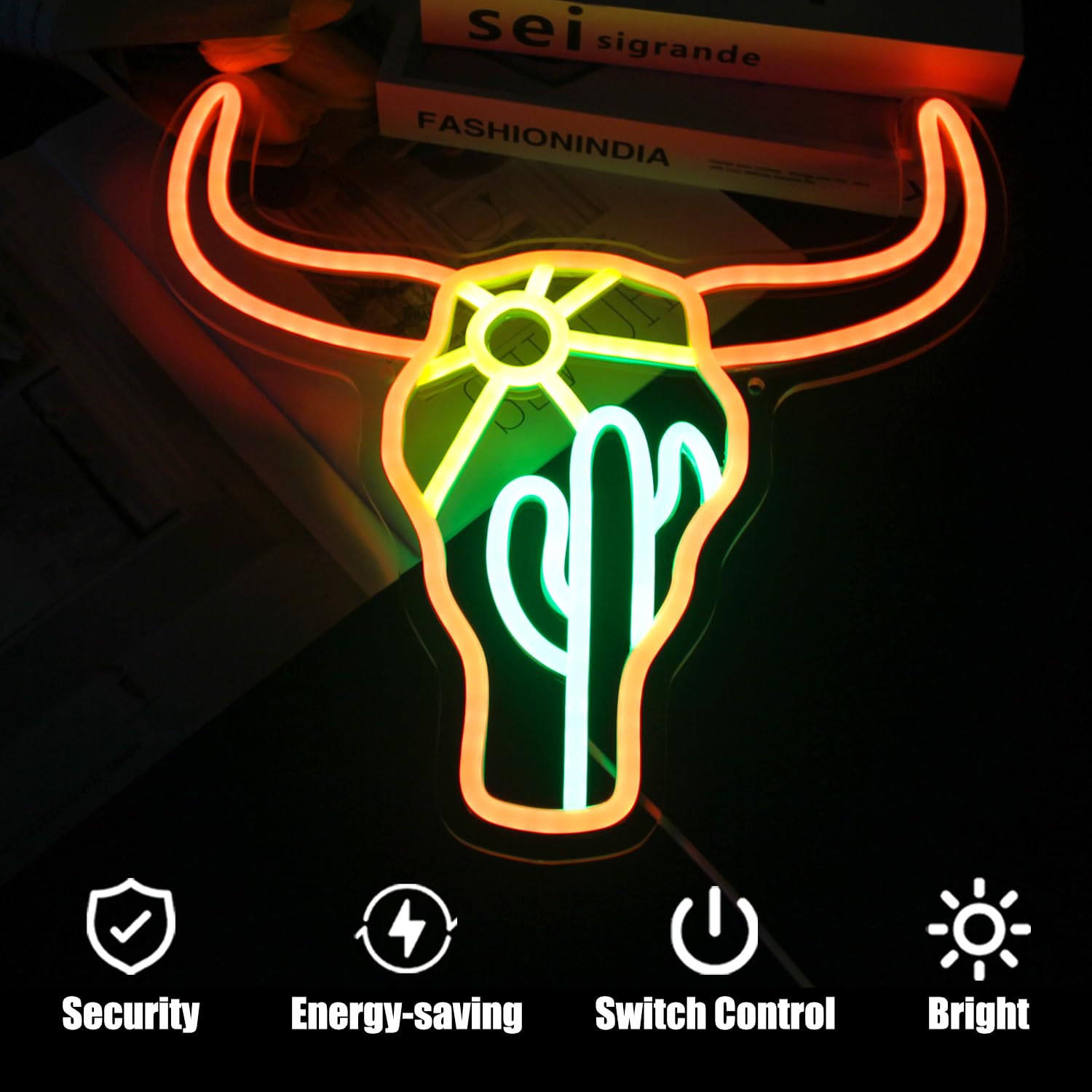 Bull Cactus Sun Neon Sign Texas Longhorn Bull Neon Lights for Bedroom Western Landscape LED Sign Cow Head Neon Lights Signs Oran