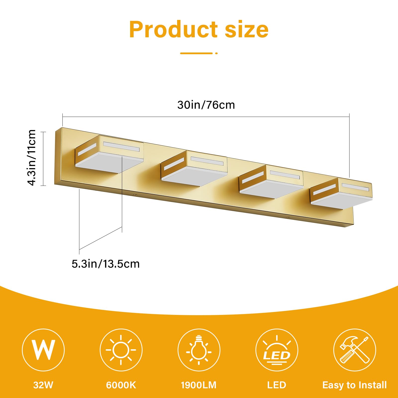 Donrao 30-Inch 4-Light LED Bathroom Vanity Light Fixture, Gold, Metal, Model DY2409200004, Cool White 6000K Lighting for Bath