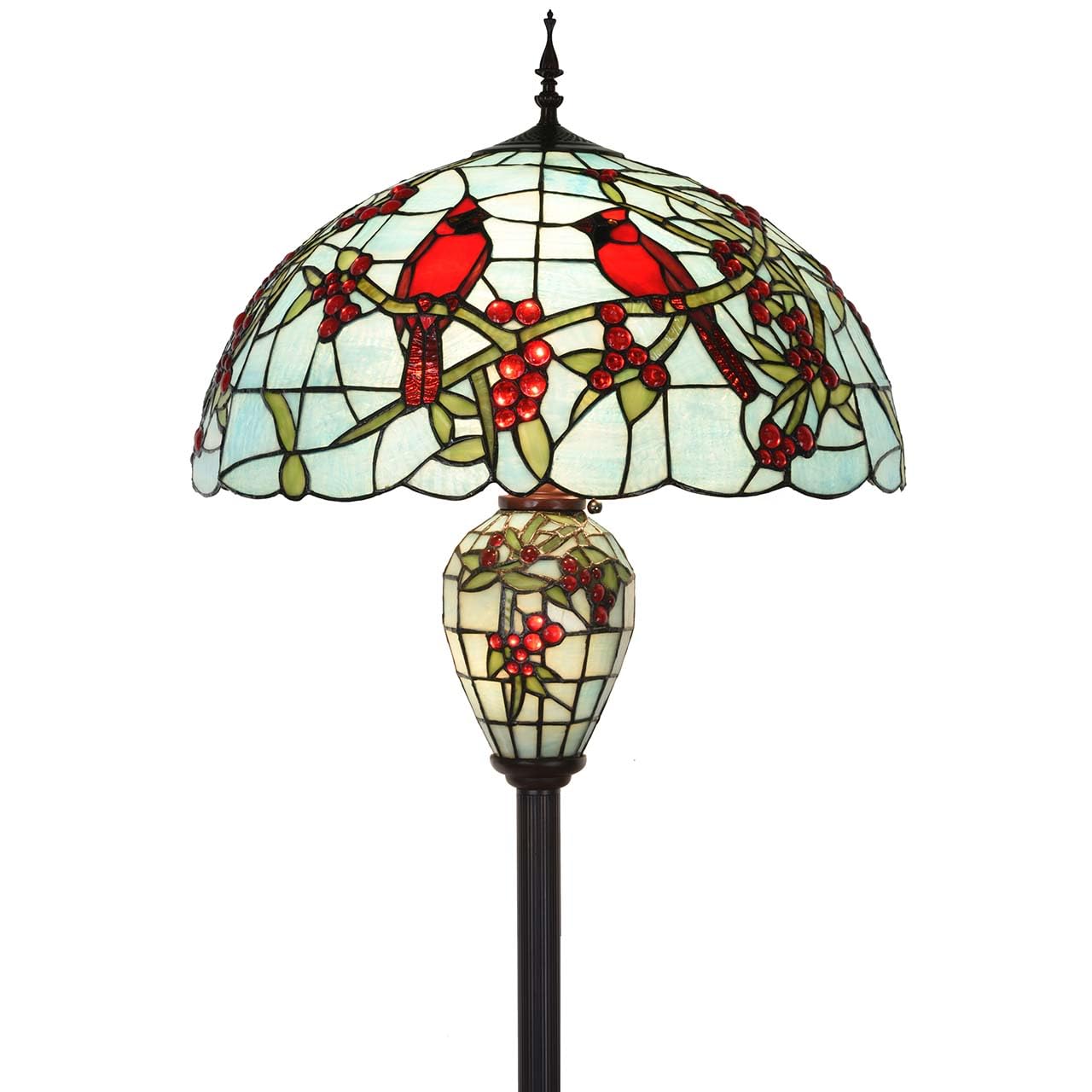 Bieye L10894 Red Cardinals on Holly Branches Tiffany Style Stained Glass Floor Lamp with 20-inch Wide Lampshade, Double-Lit, 64-
