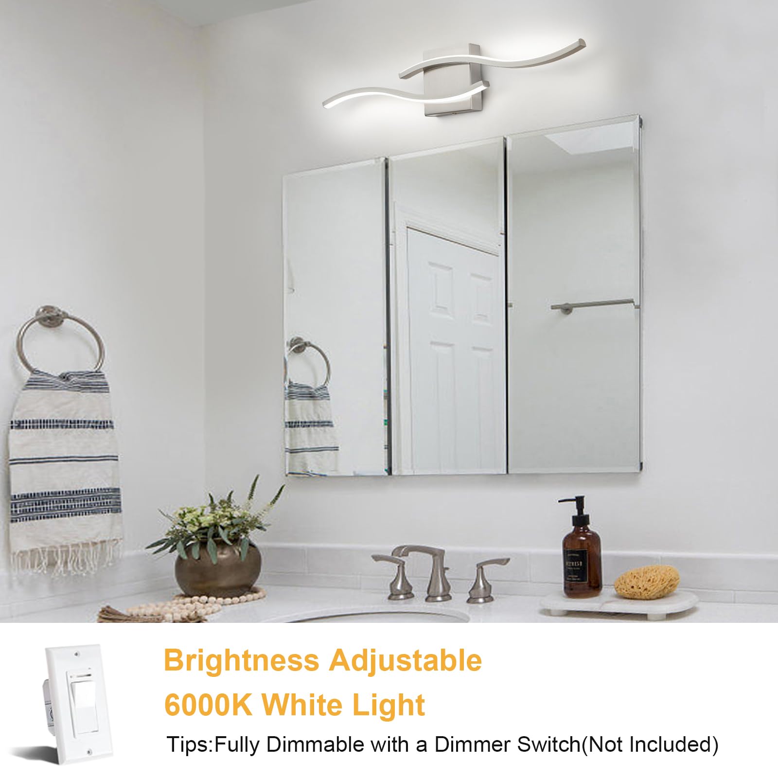 Huoku Modern Bathroom Light Fixtures  23.6Inch Dimmable Brushed Nickel Bathroom Vanity Lights Over Mirror  15W Aluminum Wall Sconce Lighting Fixtures For Living Room 6000K White Light