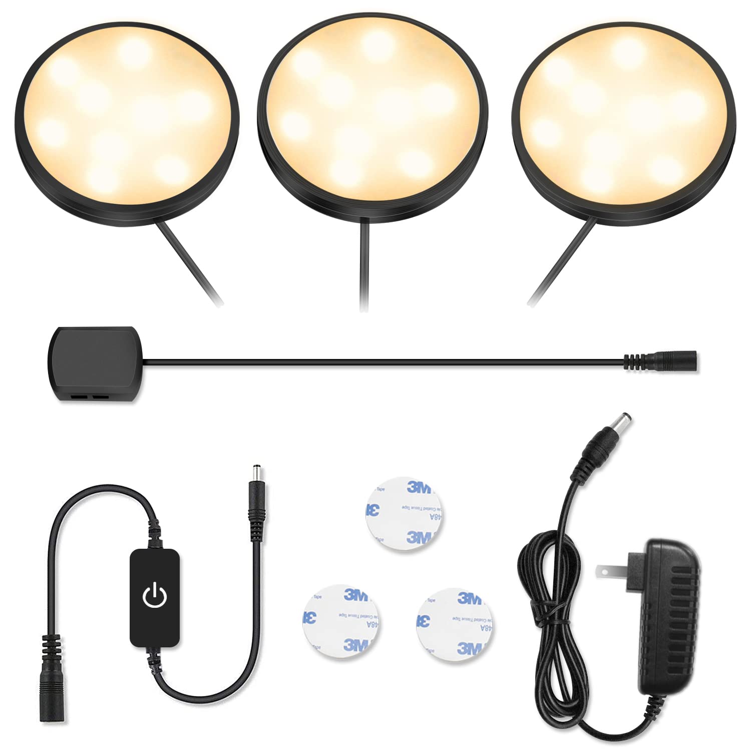 YGS-Tech LED Puck Lights, 3000K Warm White, Aluminum, 3-Pack, Touch Dimming, Under Cabinet Lighting, Black Trim
