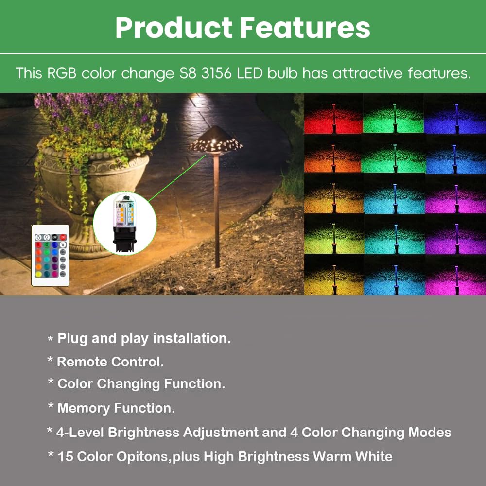 Makergroup RGB S8 3156 LED Light Bulbs, 3-Pack Color Changing Warm White & 15 Colors, Dimmable Remote Control, Weatherproof for Outdoor Use