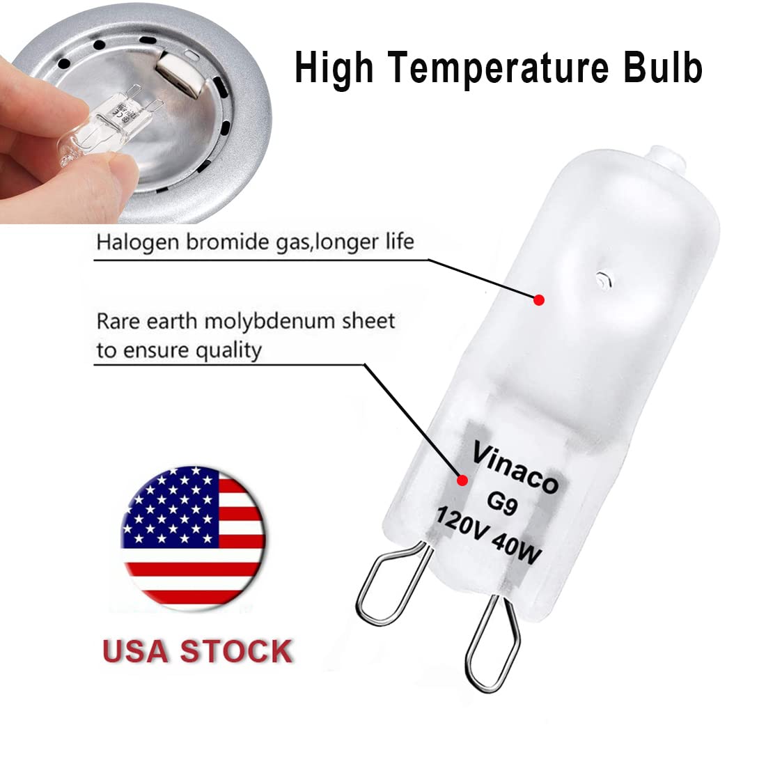 Vinaco G9 Bulb 40W Halogen Light Bulbs, Warm White, 10 Pack, Frosted Glass, Dimmable, Model BULBP30