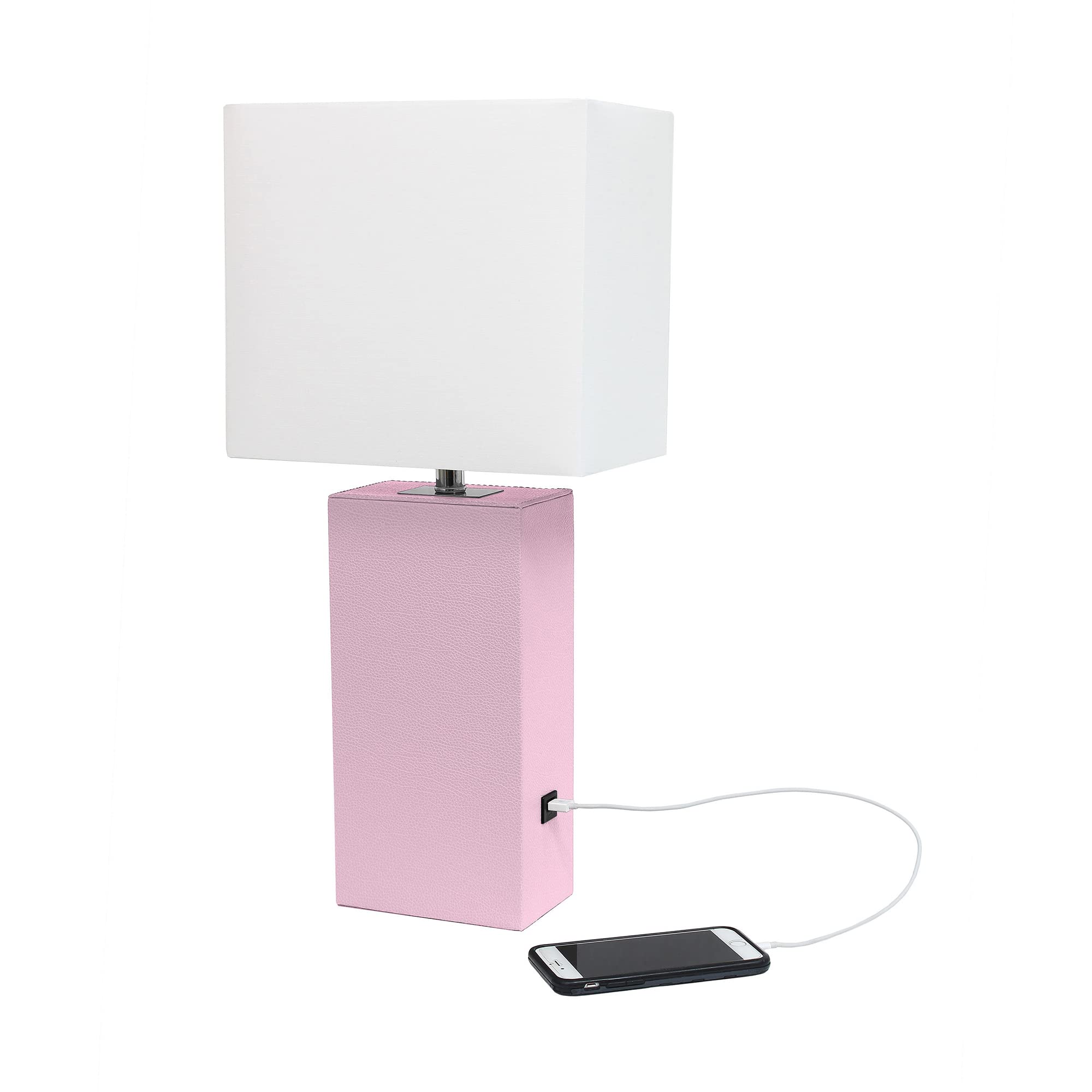 Lalia Home Blush Pink Leather Base Bedside Table Lamp With Usb Charging Port & Fabric Shade