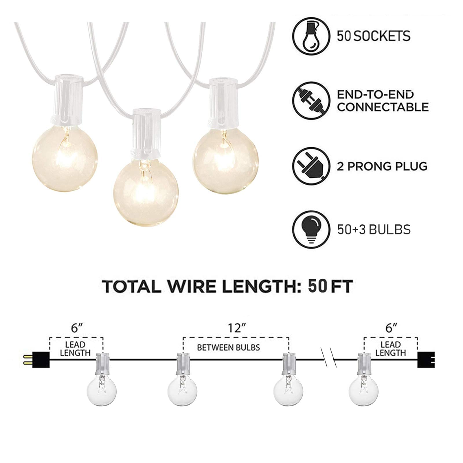 Afirst 50Ft Outdoor String Lights With 53 Globe Bulbs - Weatherproof White Patio Lighting
