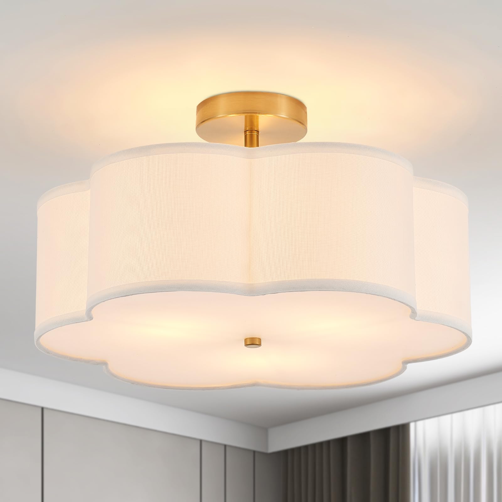 Widluth Modern Semi Flush Mount Ceiling Light Modern Gold 3-Lights Drum Ceiling Lighting Fixture Vintage Linen Golden Ceiling La