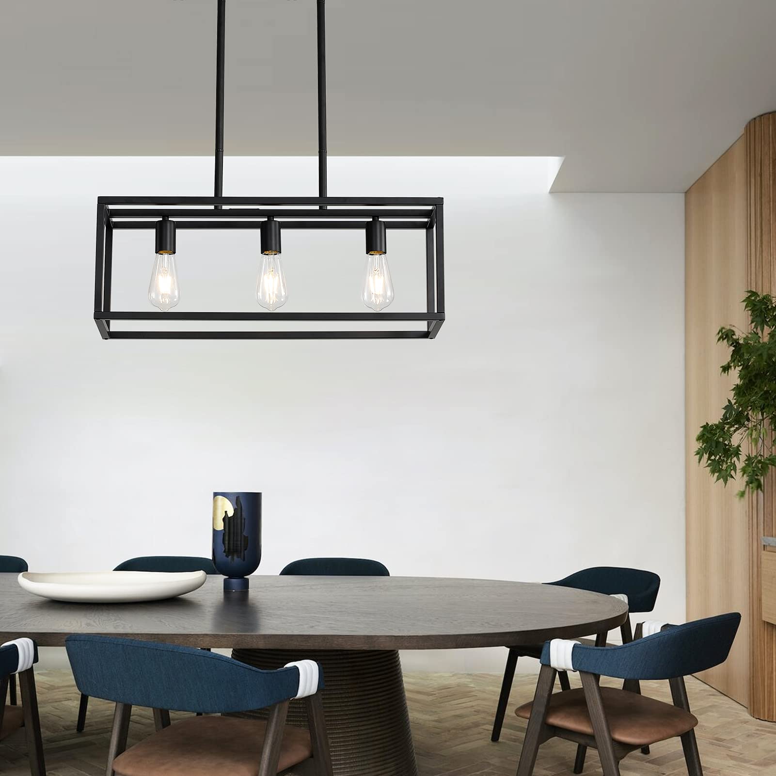 Xislthotsl Black Kitchen Island Lighting, Modern Linear Cage Retangular Chandelier, 3 Lights Industrial Metal Hanging Light Fixture For Farmhouse Kitchen Dining Room Bar Foyer