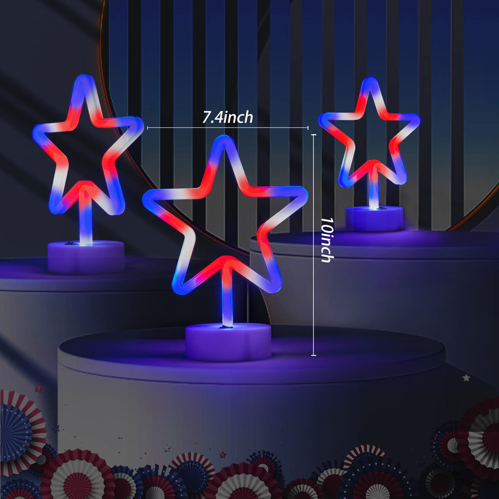 WBao 4th of July Decorations 2 Pack LED Patriotic Neon Star Signs, USB/Battery Powered Red White Blue Stars for Home, Tabletop,