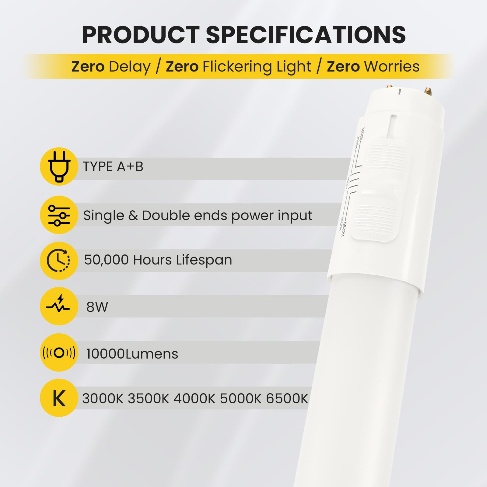 Paby 25 Pack 2FT T8 LED Type A+B Tube Light, 8W(15W Equivalent) 1000LM, 4000K, Plug & Play or Ballast Bypass, Single or Double E