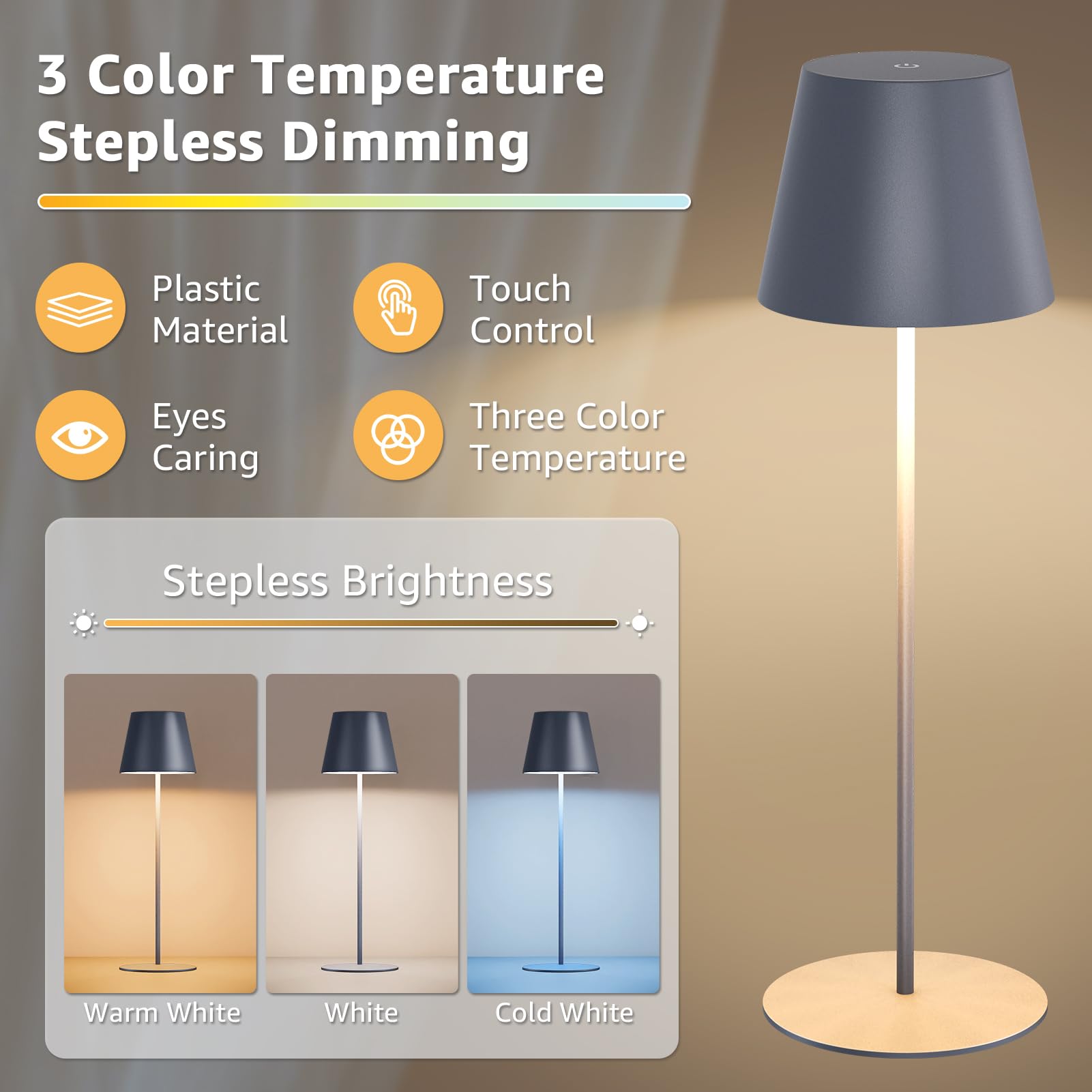 uuffoo Cordless Rechargeable Table Lamps - 2 Pack, Stepless Dimming, Small, Metal, Gray, Model PBG-1238