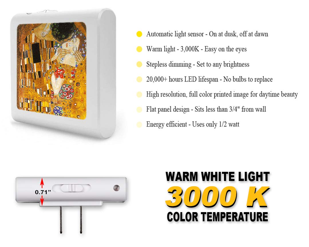 Plug In Dimmable Led Night Light With Dusk To Dawn Auto Sensor, Adjustable Brightness, Warm Light, Auto On-Off Nightlight For Bathroom, Hallway, Nursery, Bedrooms - Klimt: The Kiss