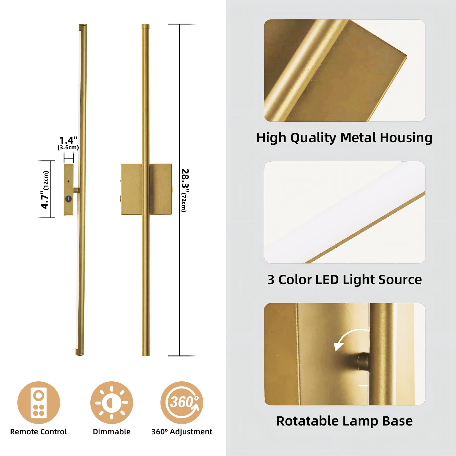 usiopup Battery Operated Wall Sconces Set of Two, 28.3-Inch Gold Metal Fixtures with Remote Control for Bathroom, Bedroom, Living Room