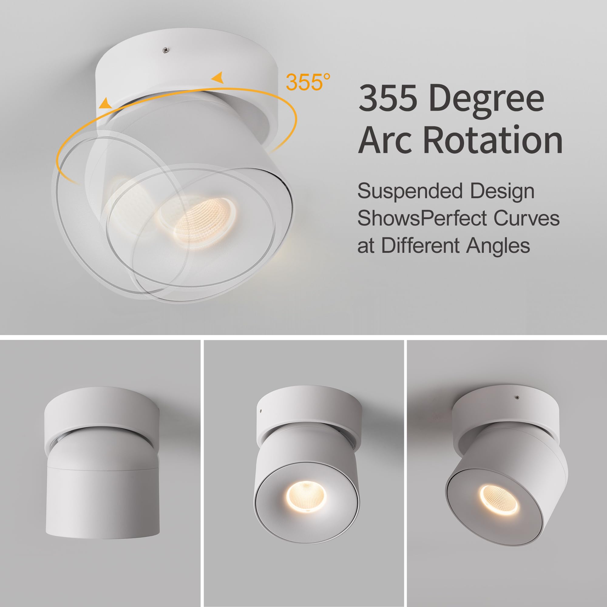 Aisilan 15W Dimmable LED Ceiling Spotlight, Modern White Wall Light, 350° Directional, CRI 97, Model MS052a-W-3K-Dim