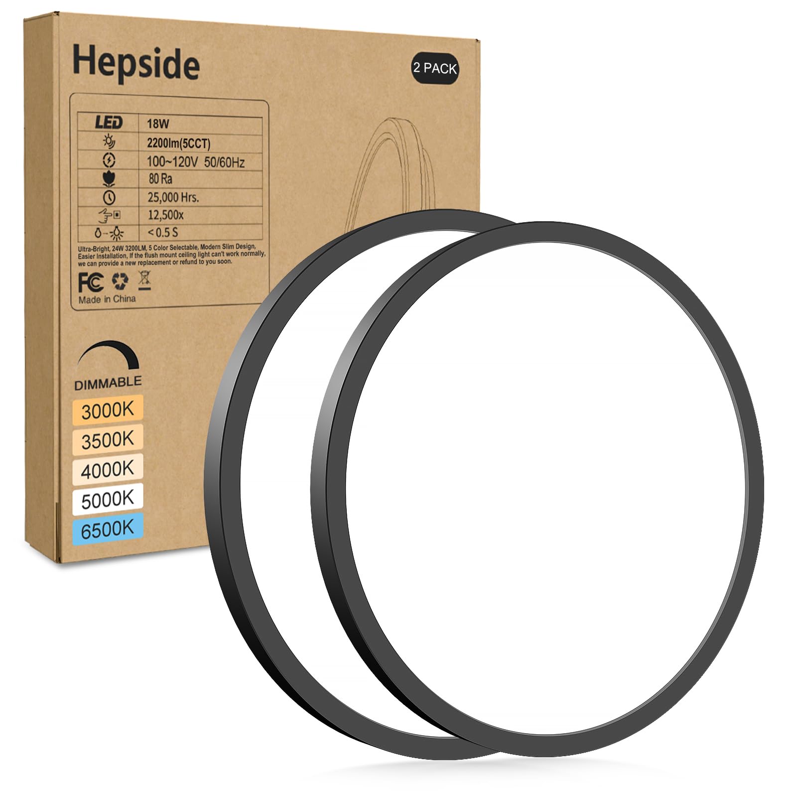 hepside 2Pack LED Flush Mount Ceiling Light Fixture  9Inch 18W  Dimmable&3000K/3500K/4000K/5000K/6500K Adjustable Low Profile Ceiling Lights  Round Flat Ceiling Light for Closet Kitchen Hallway-Black