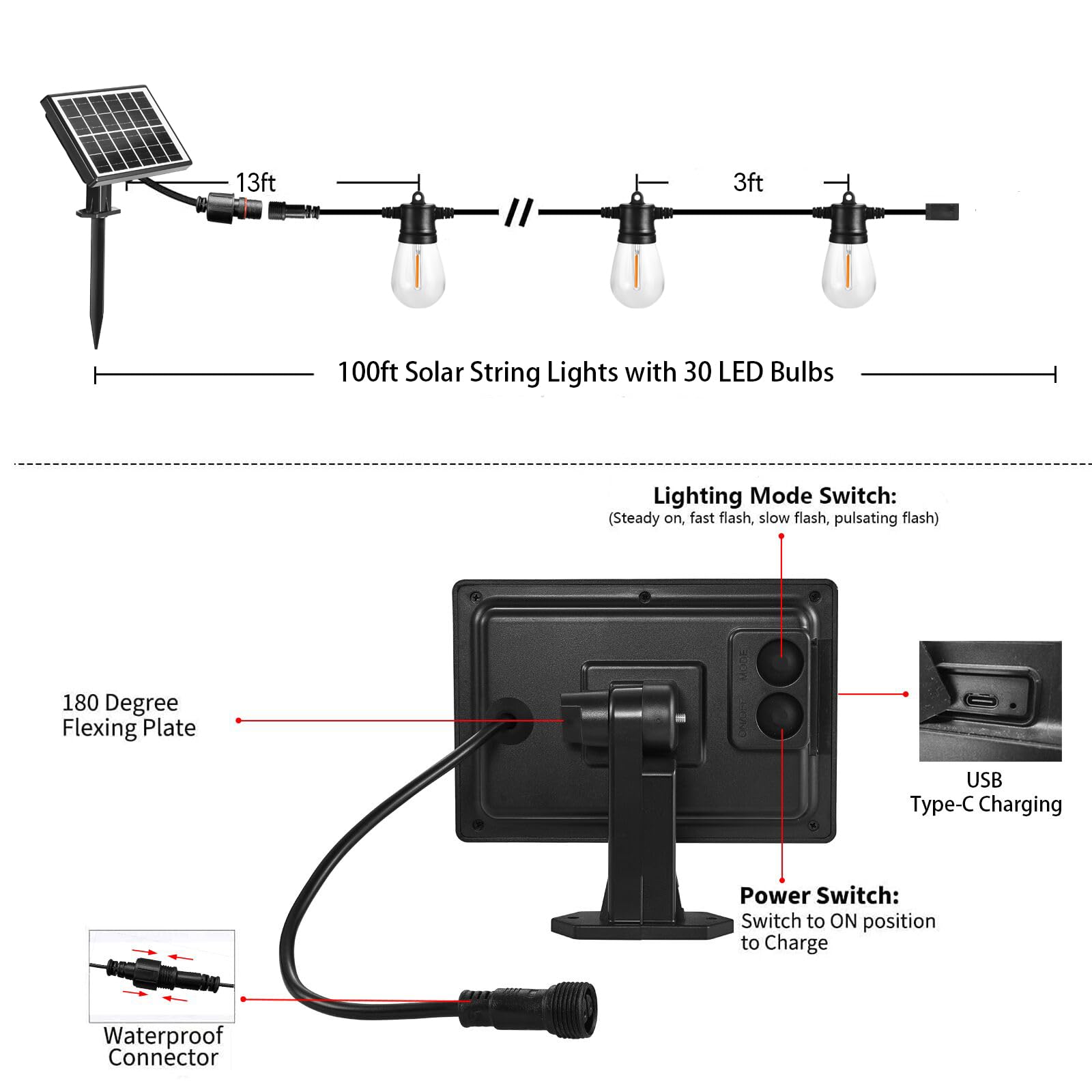 Sunthin 100Ft Solar String Light Outdoor, Usb Rechargeable Patio Solar Outdoor Lights With Waterproof & Shatterproof 30 Led Bulb