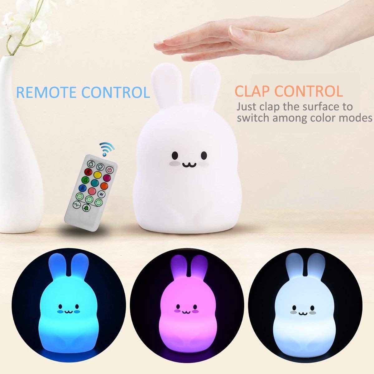 Tianhaixing Rabbit Night Light - Rechargeable LED Silicone Lamp, Remote & Touch Control, Adjustable Brightness & Colors, White, Model THX8854