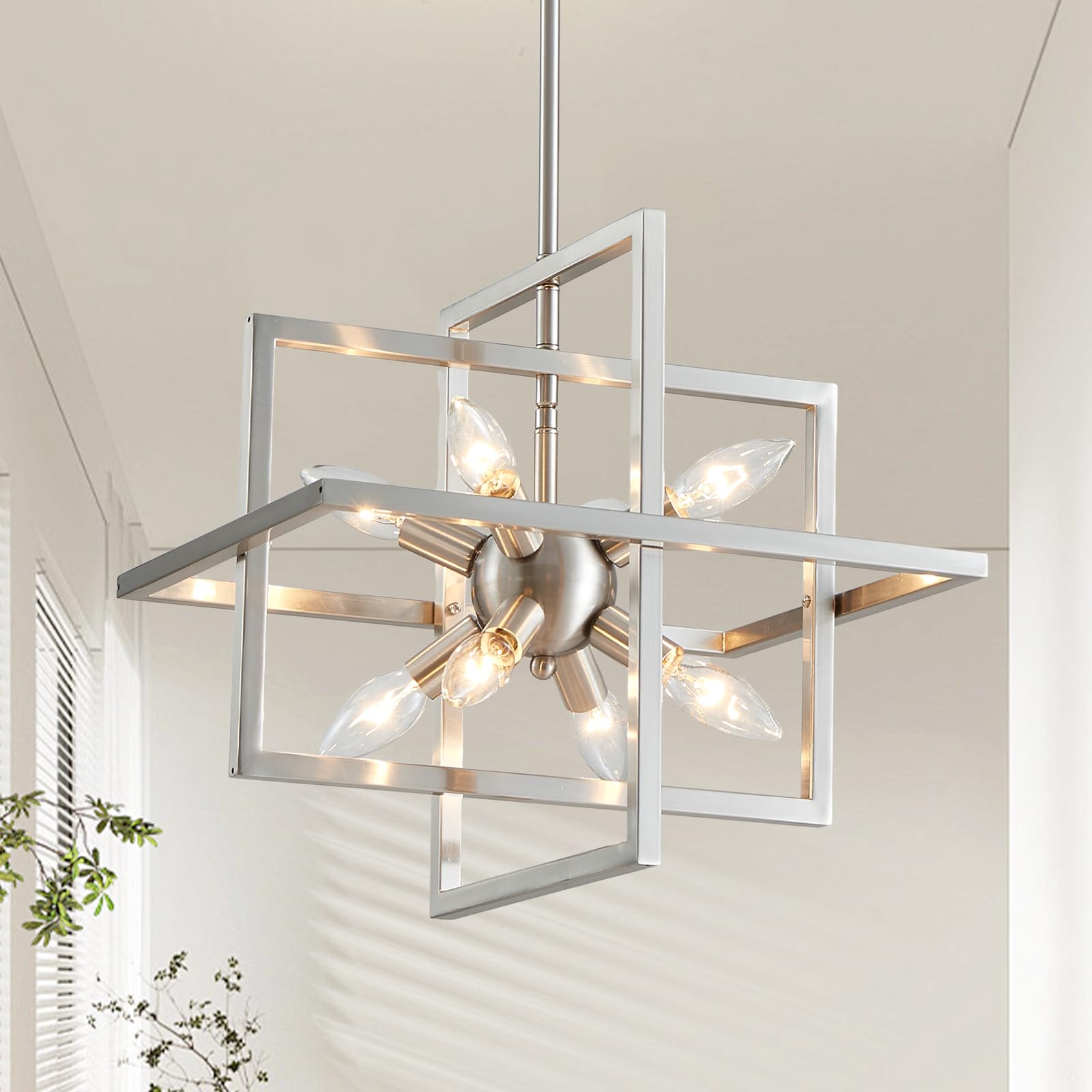 XINGQI Modern Chandelier 8-Light Brushed Nickel Geometric Pendant Lighting Farmhouse Ceiling Light Fixtures for Dining Room Livi