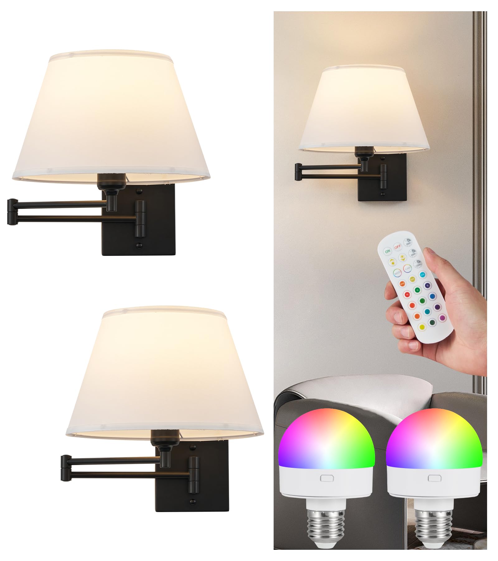 Qiandenghui Wireless Wall Sconce Set of 2, Battery Operated Light Bulb & Remote Control, Swing Arm Wall Light with Rechargeable
