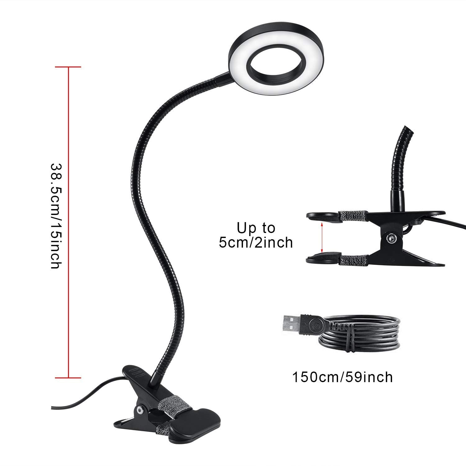 Qqappu Clip Light - 48 Led Clamp-On Desk Lamp, 3 Color Modes, 10 Brightness Levels, Flexible Gooseneck, Black