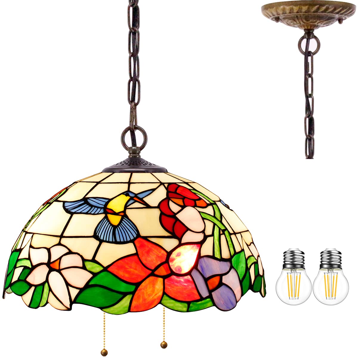 WERFACTORY Tiffany Pendant Light - Hummingbird Amber Stained Glass, 16 Inch, Large, S101 Series