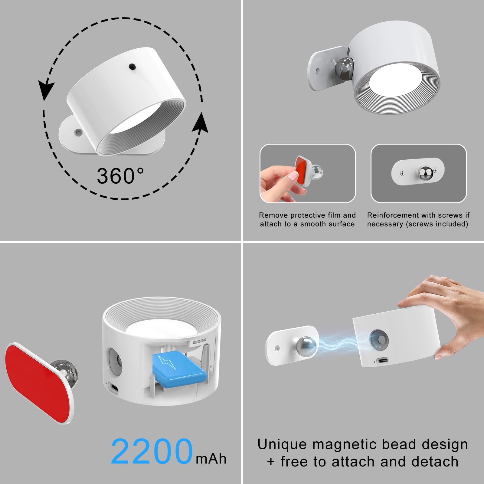 Deyagoo Rechargeable LED Wall Sconce, 3 Colors & Brightness Levels, 360° Magnetic Head, Pack of 2, White, Model DS126L