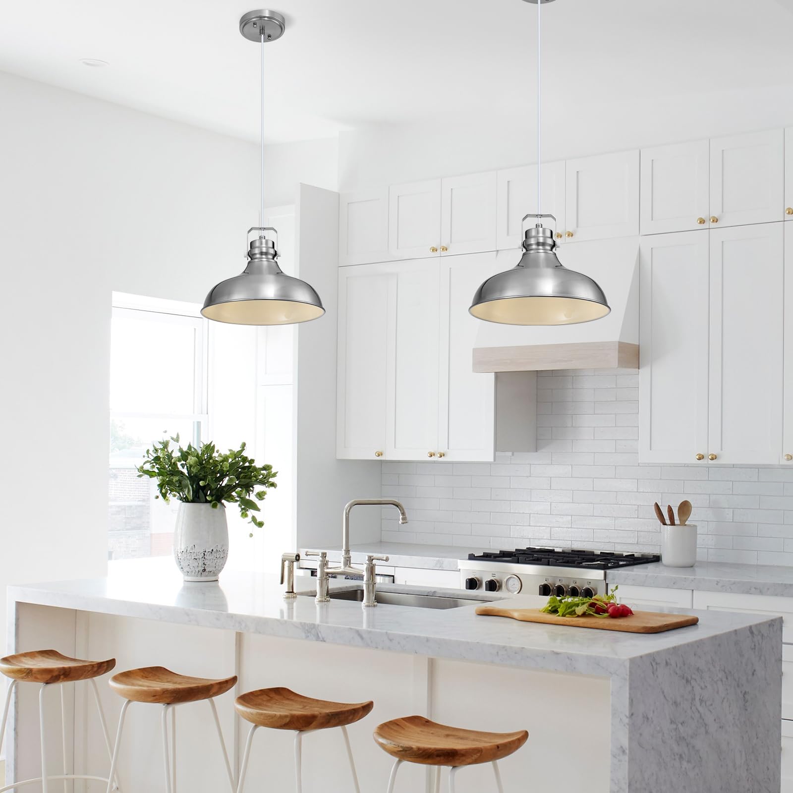 ALAISLYC Brushed Nickel Pendant Lights - Vintage Dome Fixtures, Adjustable Height, 2 Packs, for Kitchen Island & Dining Room