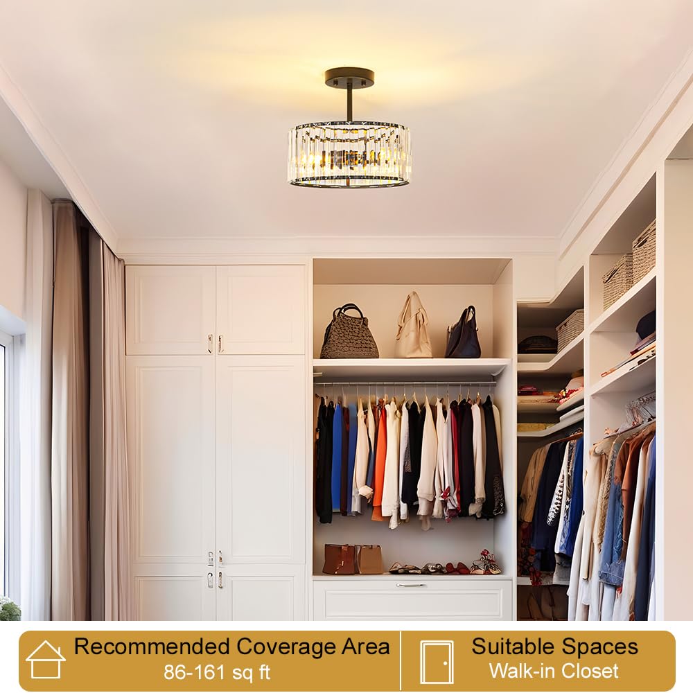 Lxybcce Modern Crystal Ceiling Light  Matte Black Semi Flush Mount Ceiling Lighting Fixture  Hallway Light Fixtures Chandelier For Kitchen  Bedroom Dining Room Hallway Closet  3-Light  12 Inch