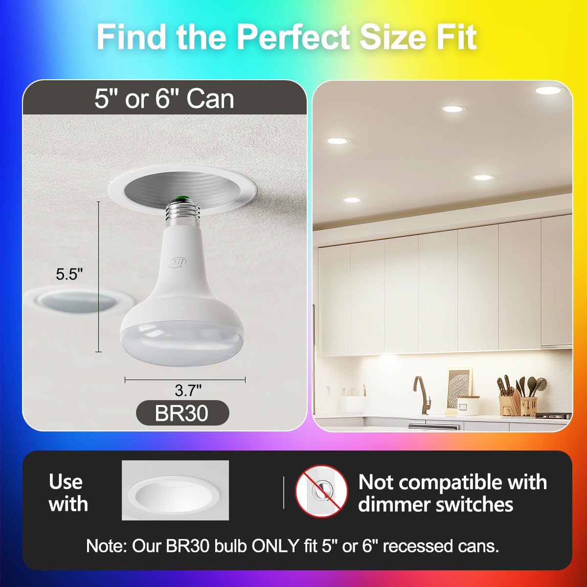 ILC BR30 LED Flood Light Bulbs, Color Changing, 6 Pack, Tunable 5 Color Temperatures, Aluminum, Remote Control, Model BR55-S30Q