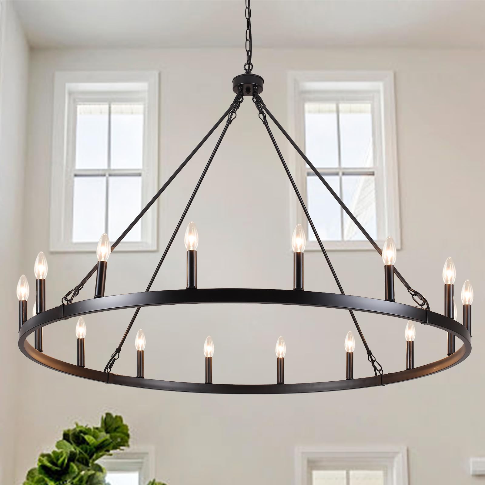 16-Lights Wagon Wheel Chandelier Farmhouse Chandelier 47 Inch Black Chandeliers For Living Room Large Chandeliers For High Ceilings Outdoor Chandelier Round Chandeliers For Dining Room Entryway Foyer