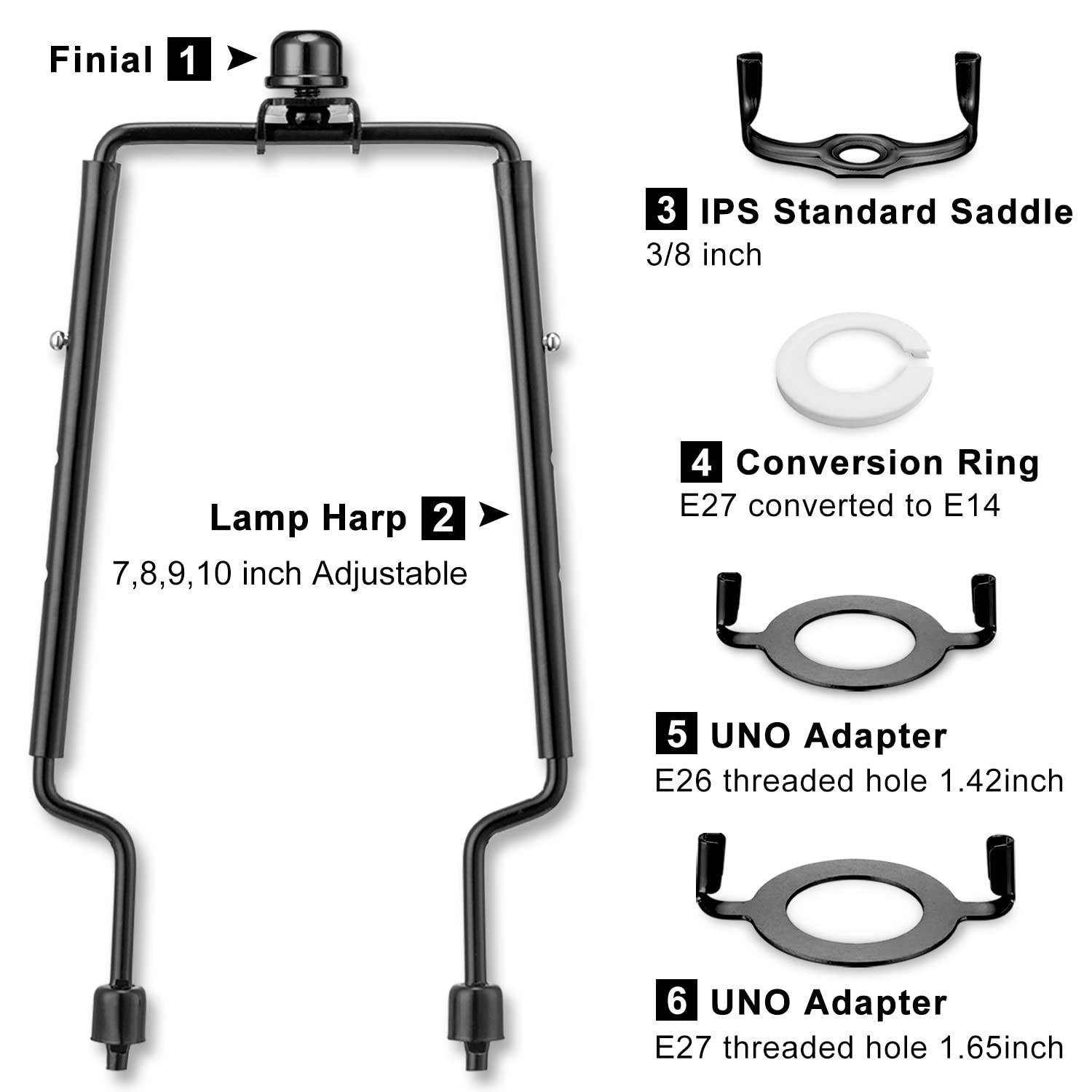 Qc Lamp Shade Harp Kit - Adjustable 7-10 Inch, Black, Includes Frame & Finials, E14 E26 E27 UNO Fitter Adapter