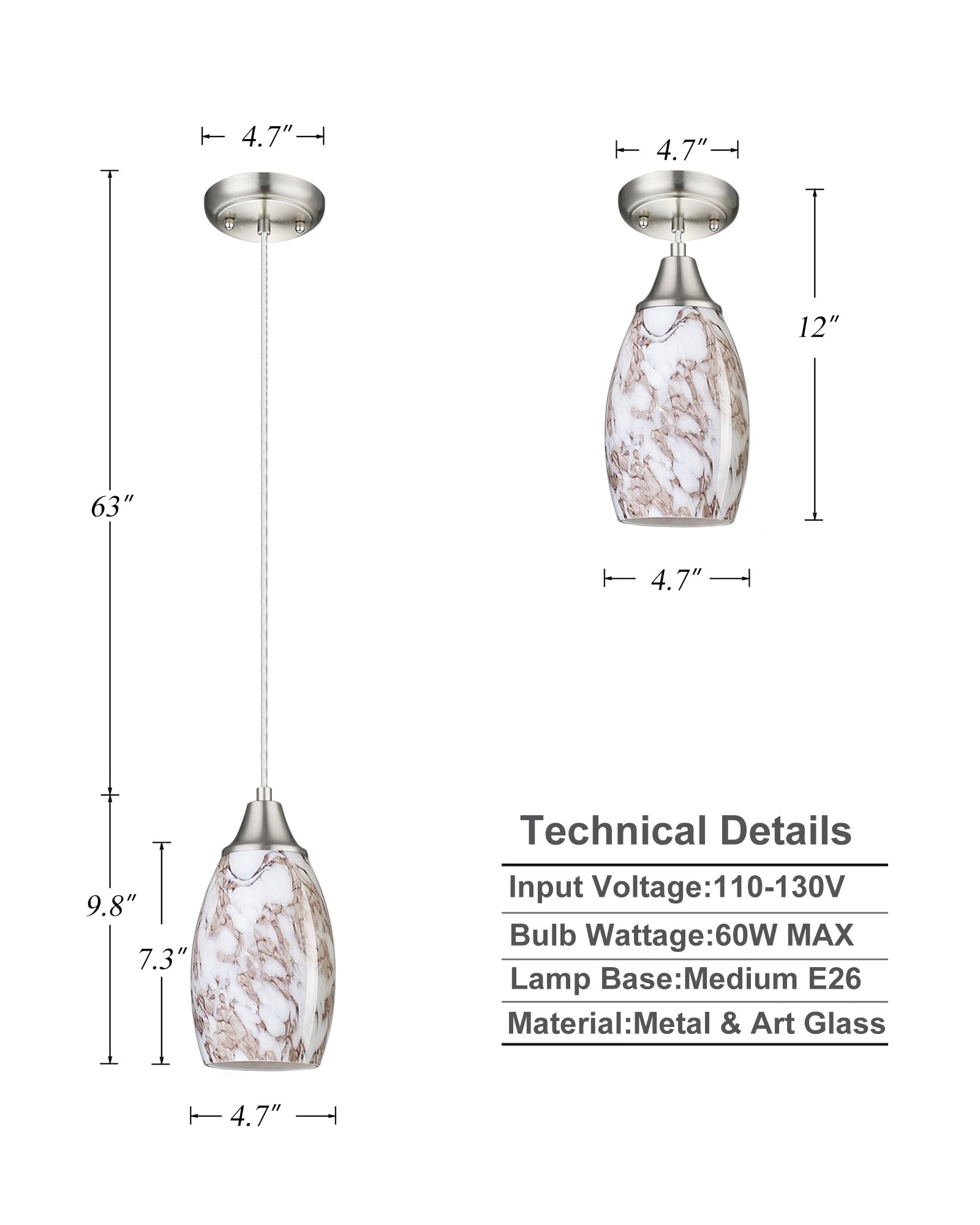 Karyfine Mini Pendant Lights Kitchen Island Brown Ripple Glass Lamp Shade Hand Blown Glass Pendant Light With Brush Nickel Finis