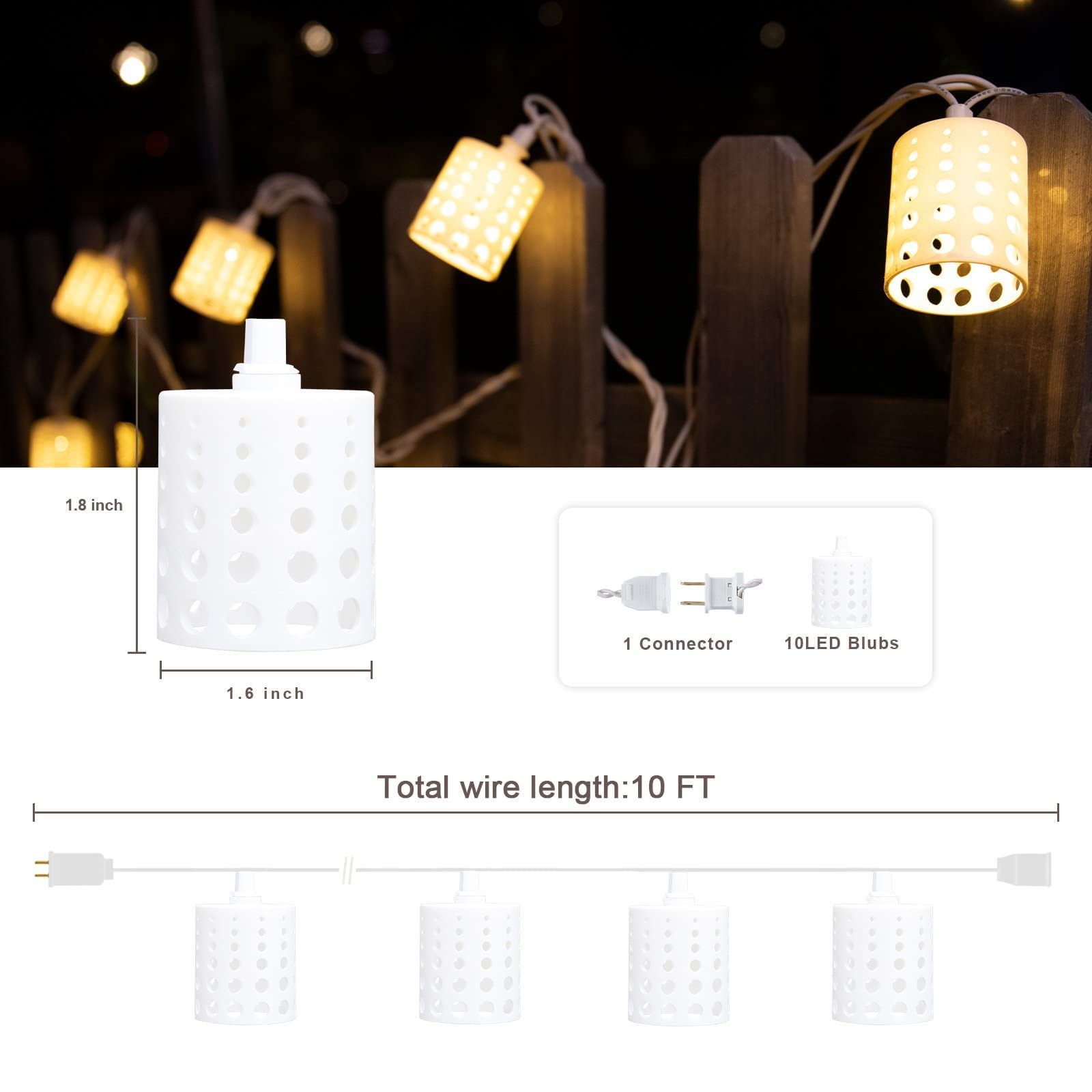Vigdur 10Ft Lantern String Lights - Hollow-Out Style Indoor String Lights Connectable Waterproof Indoor Outdoor Patio Lights For