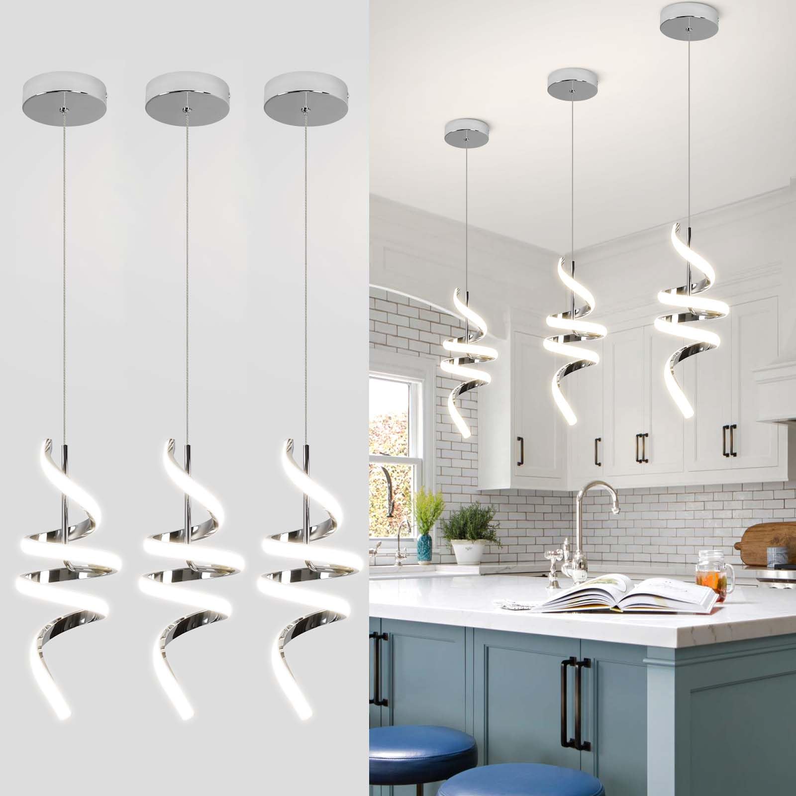 Sovinzert Modern Spiral LED Pendant Lights Kitchen Island  22W Adjustable Height Hanging Light Fixture 5500K Chrome Chandelier for Dining Room Cafe Table  3 Pack