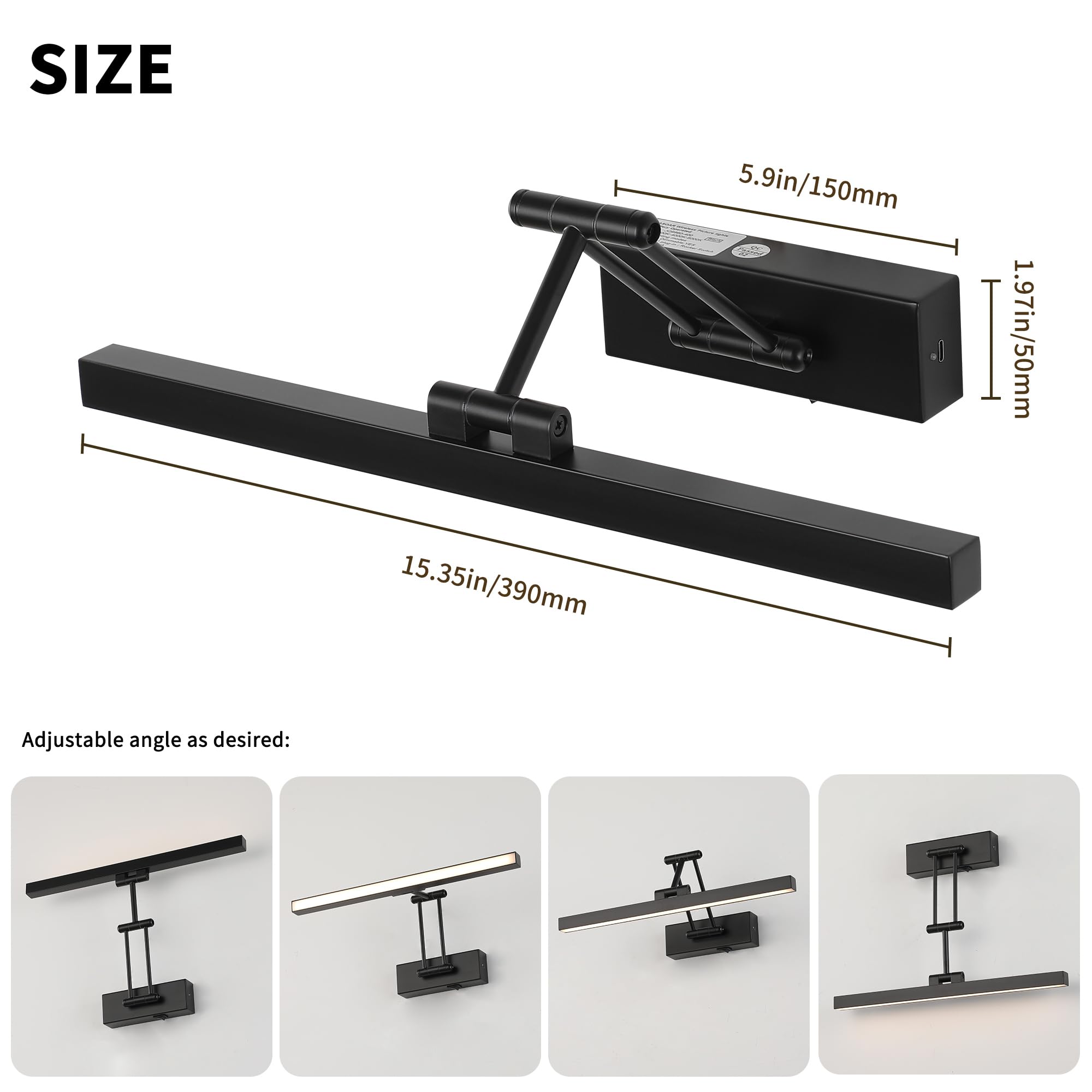 Pasoar Picture Light - 15.7" Battery Operated Dimmable LED Wall Sconce, Black Metal, Model 9960-1, Indoor Cordless with Swing Arm