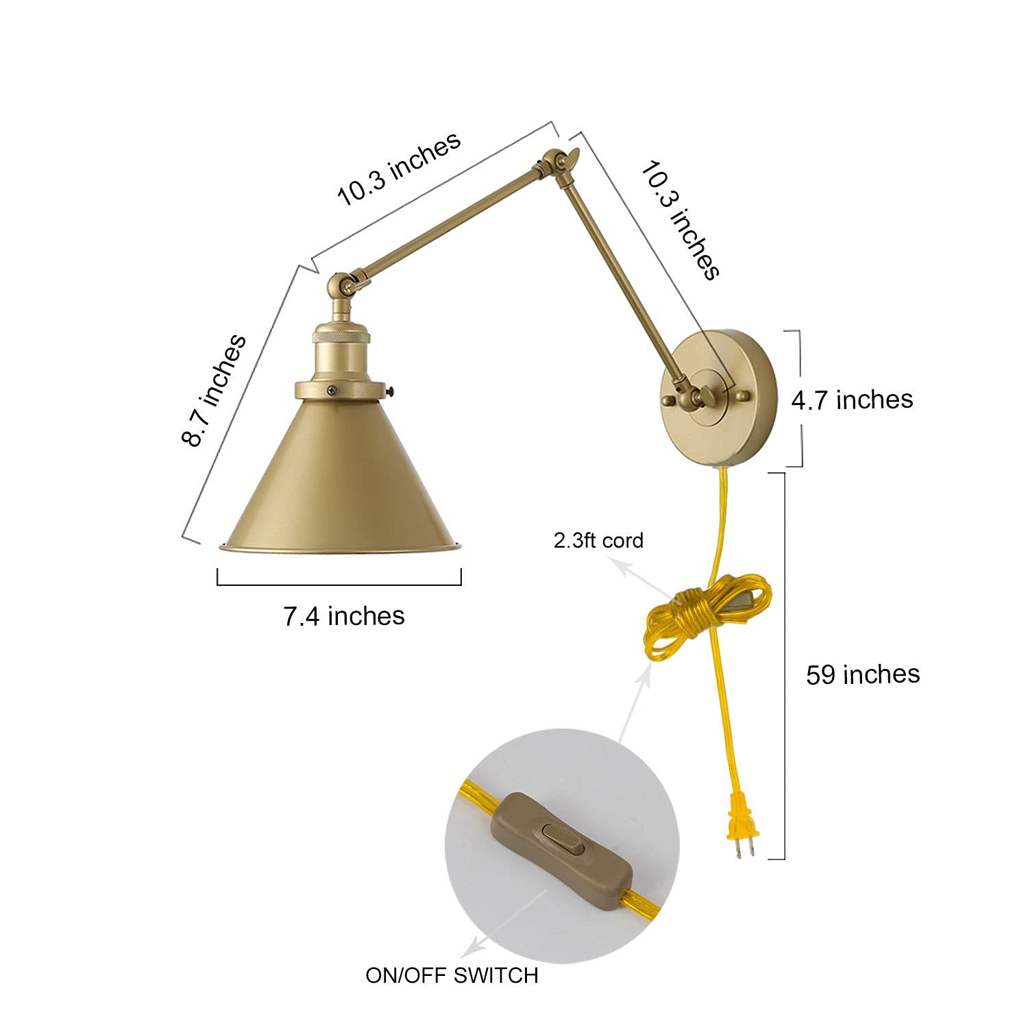 Gepow Gold Wall Sconce Lighting, Adjustable Swing Arm Plug-In Or Hardwired Lamp With Orange Cord