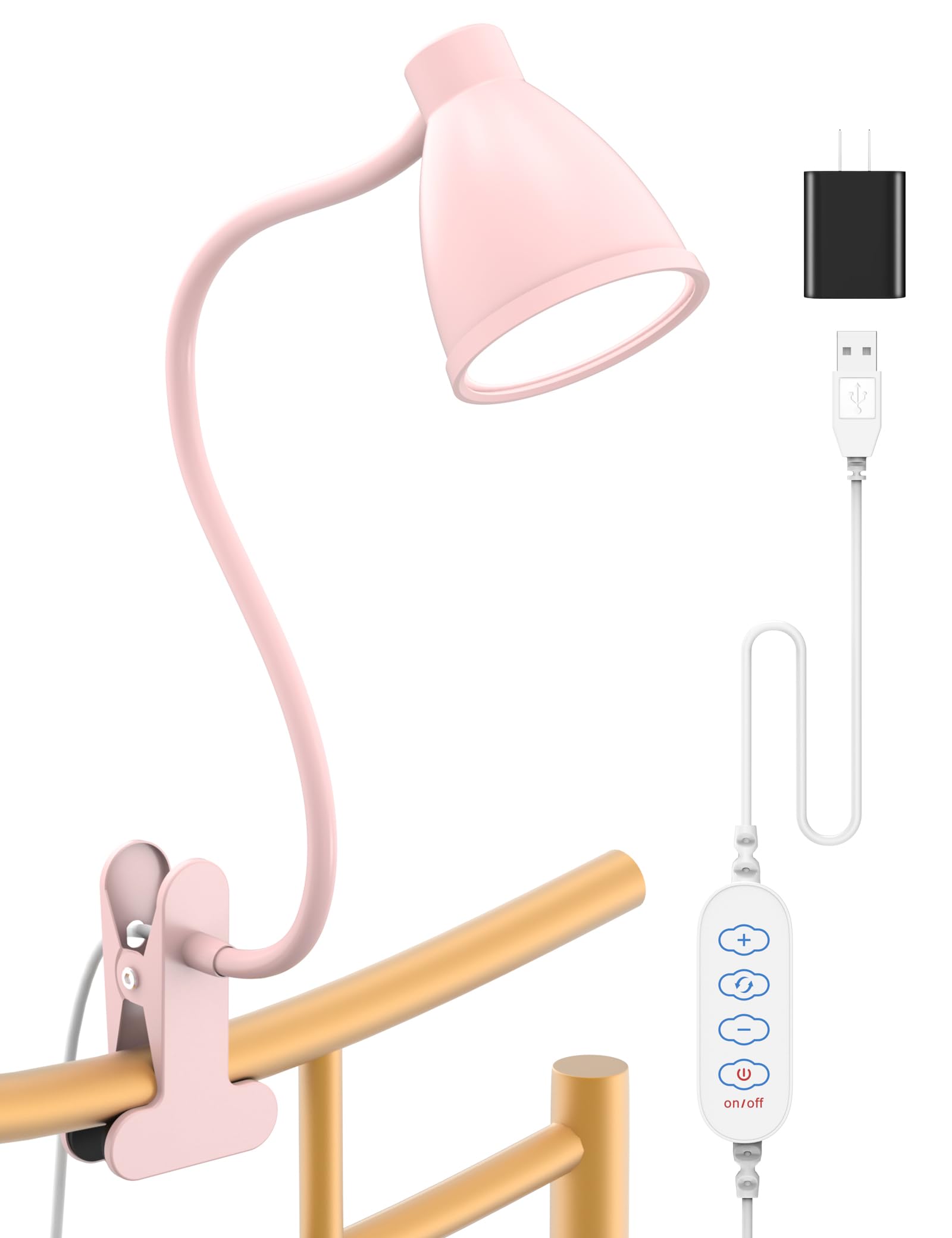 BOHON Cute Desk Lamp, 10W LED Clip On Light, 3 Colors, 10 Brightness Levels, Gooseneck Design, Pink, Model CDL10WP