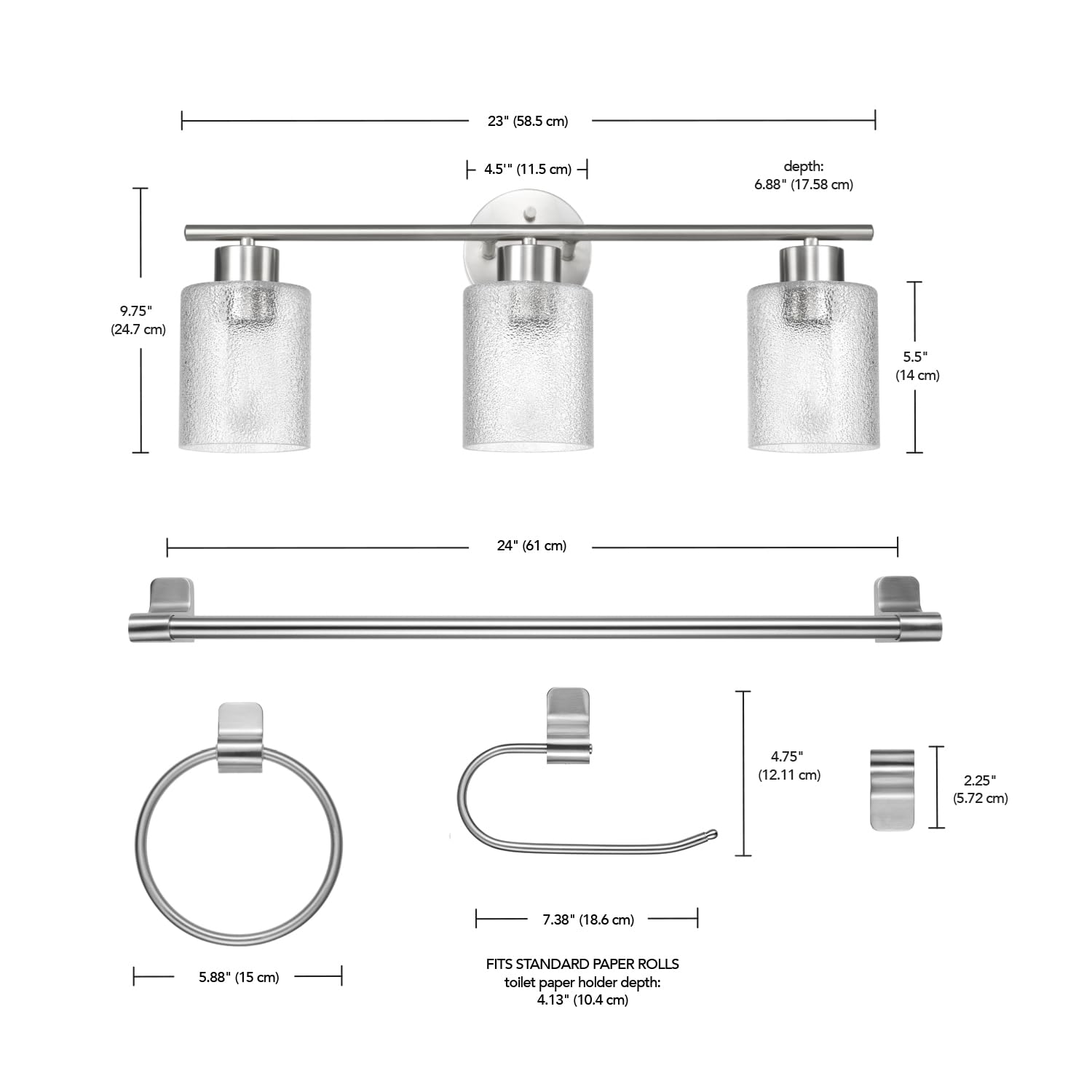 Globe Electric 63000209 5-Piece All-In-One Bathroom Accessory Set With 23'' 3-Light Vanity Light, Brushed Nickel, Clear Frosted