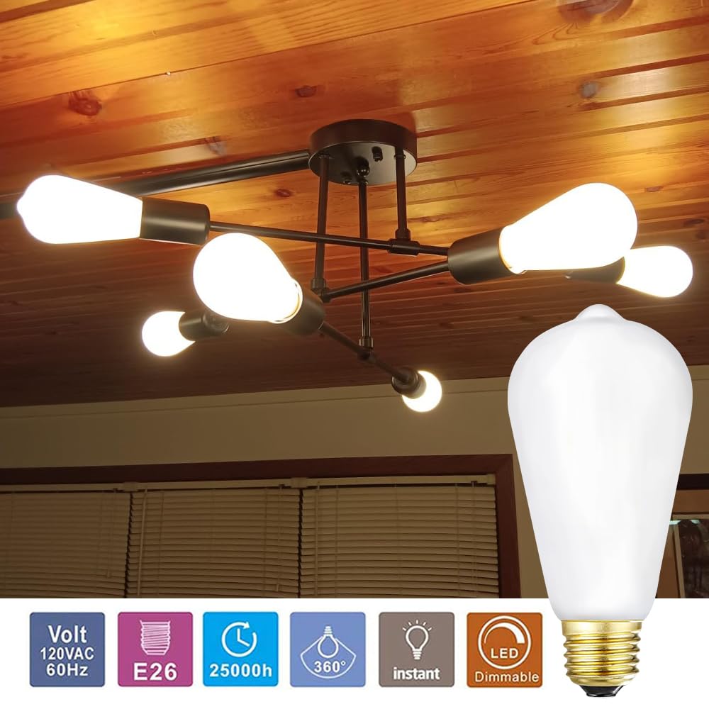 Leools LED Light Bulb E26, 6W Dimmable, Warm White 2700K, CRI 95, 600LM, Vintage Edison Filament, Pack of 6
