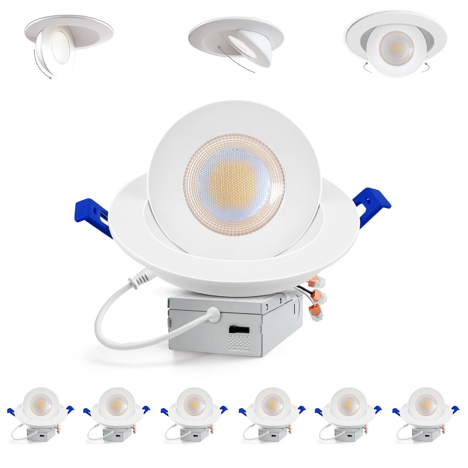 Adetu Led Recessed Lighting 6 Inch  360?90?Adjustable Directional Gimbal 6 Inch Led Recessed Light  2700K-5000K 5Cct Dimmable Retrofit Eyeball Can Recessed Lights With Jbox  Et (White  6 Pack)